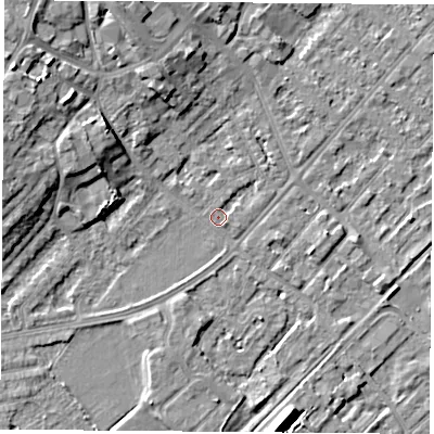 Shaded relief map of the ground around NG91HG, computed from Environment Agency LiDAR. The ground here sits at about 27 m above sea level and falls 9 m across the surrounding 800 m. Surface water reaching this point runs off ground lying to the north-west, 9.1 m higher.