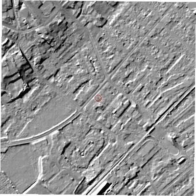 Shaded relief map of the ground around NG91HJ, computed from Environment Agency LiDAR. The ground here sits at about 27 m above sea level and falls 9 m across the surrounding 800 m. The ground contributing surface water to this point lies to the south-west.