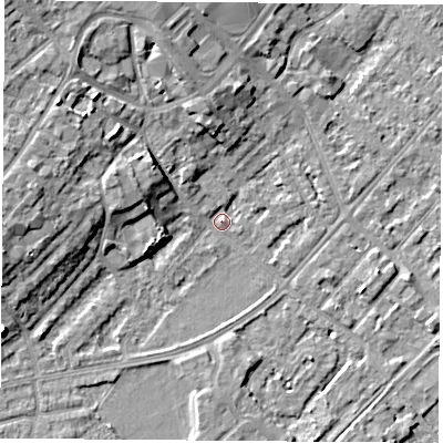 Shaded relief map of the ground around NG91HR, computed from Environment Agency LiDAR. The ground here sits at about 27 m above sea level and falls 10 m across the surrounding 800 m. Surface water reaching this point runs off ground lying to the north-west, 9.5 m higher.