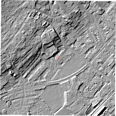 Shaded relief map of the ground around NG91HT, computed from Environment Agency LiDAR. The ground here sits at about 27 m above sea level and falls 11 m across the surrounding 800 m. Surface water reaching this point runs off ground lying to the west, 0.9 m higher.