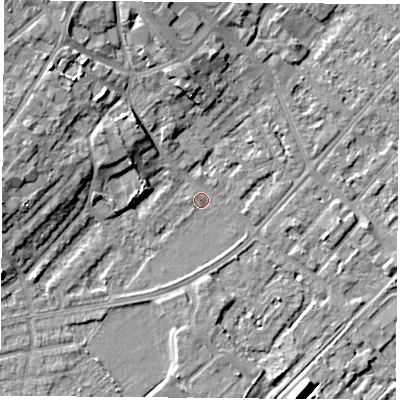 Shaded relief map of the ground around NG91HU, computed from Environment Agency LiDAR. The ground here sits at about 27 m above sea level and falls 9 m across the surrounding 800 m. Surface water reaching this point runs off ground lying to the north-west, 9.2 m higher.