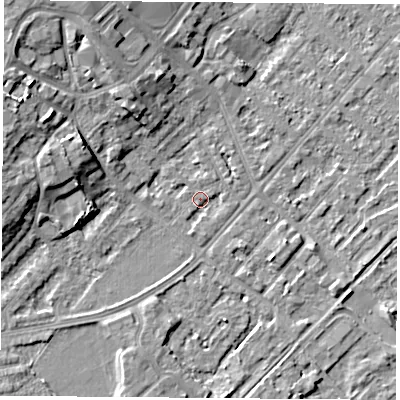 Shaded relief map of the ground around NG91HW, computed from Environment Agency LiDAR. The ground here sits at about 27 m above sea level and falls 8 m across the surrounding 800 m. Surface water reaching this point runs off ground lying to the east-north-east, 1.2 m higher.