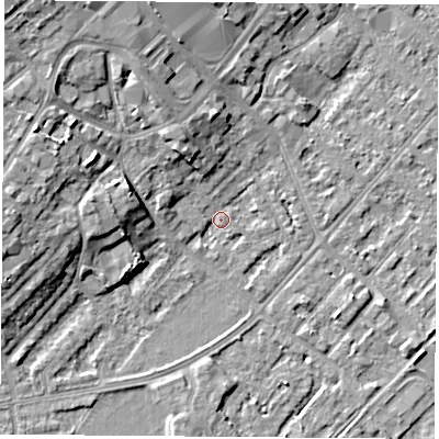 Shaded relief map of the ground around NG91HX, computed from Environment Agency LiDAR. The ground here sits at about 27 m above sea level and falls 10 m across the surrounding 800 m. Surface water reaching this point runs off ground lying to the north-north-west, 6.0 m higher.