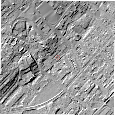 Shaded relief map of the ground around NG91HY, computed from Environment Agency LiDAR. The ground here sits at about 27 m above sea level and falls 11 m across the surrounding 800 m. Surface water reaching this point runs off ground lying to the north-west, 6.2 m higher.