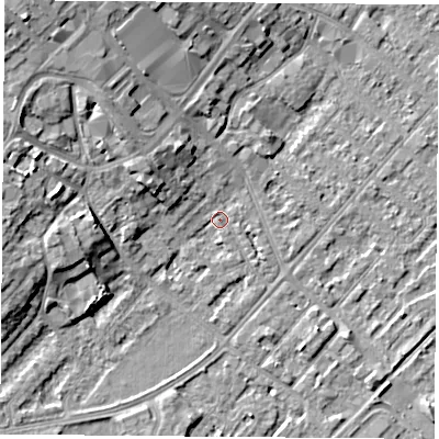 Shaded relief map of the ground around NG91HZ, computed from Environment Agency LiDAR. The ground here sits at about 27 m above sea level and falls 10 m across the surrounding 800 m. Surface water reaching this point runs off ground lying to the north-west, 6.2 m higher.