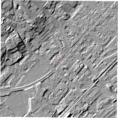 Shaded relief map of the ground around NG91JA, computed from Environment Agency LiDAR. The ground here sits at about 27 m above sea level and falls 9 m across the surrounding 800 m. Surface water reaching this point runs off ground lying to the north-north-east, 0.8 m higher.