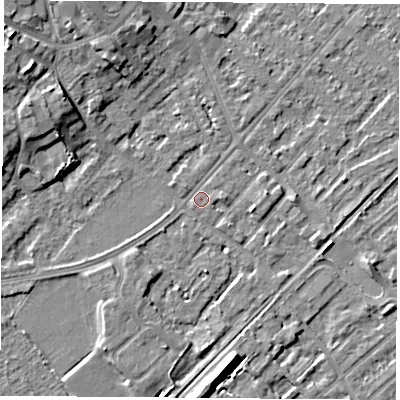 Shaded relief map of the ground around NG91JB, computed from Environment Agency LiDAR. The ground here sits at about 27 m above sea level and falls 9 m across the surrounding 800 m. Surface water reaching this point runs off ground lying to the north-west, 8.1 m higher.