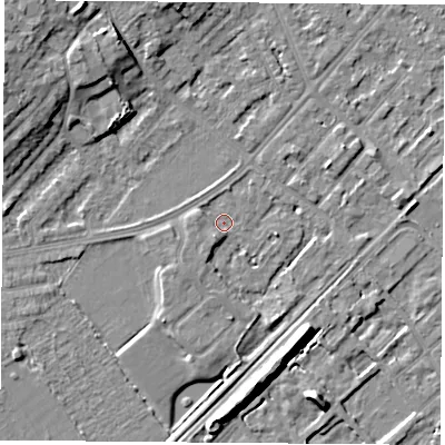 Shaded relief map of the ground around NG91JD, computed from Environment Agency LiDAR. The ground here sits at about 27 m above sea level and falls 10 m across the surrounding 800 m. Surface water reaching this point runs off ground lying to the south-west, 2.1 m higher.