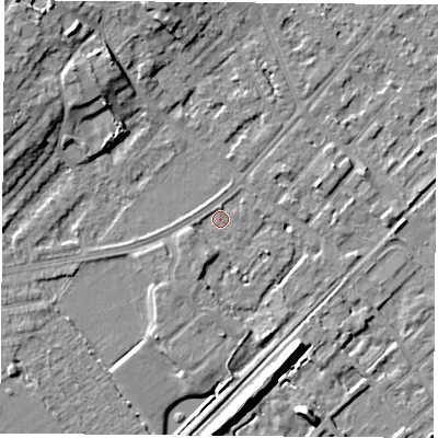 Shaded relief map of the ground around NG91JE, computed from Environment Agency LiDAR. The ground here sits at about 27 m above sea level and falls 10 m across the surrounding 800 m. Surface water reaching this point runs off ground lying to the south-south-west, 2.1 m higher.