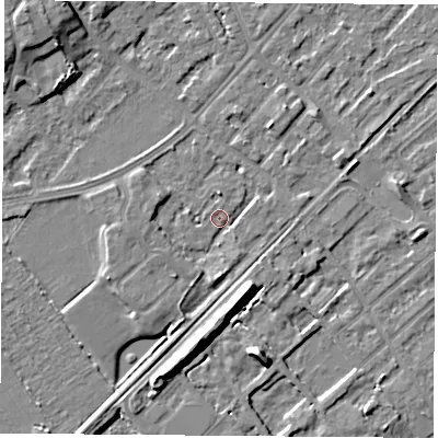 Shaded relief map of the ground around NG91JF, computed from Environment Agency LiDAR. The ground here sits at about 27 m above sea level and falls 10 m across the surrounding 800 m. Surface water reaching this point runs off ground lying to the west, 2.8 m higher.