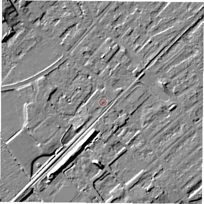 Shaded relief map of the ground around NG91JG, computed from Environment Agency LiDAR. The ground here sits at about 27 m above sea level and falls 10 m across the surrounding 800 m. The ground contributing surface water to this point lies to the north.