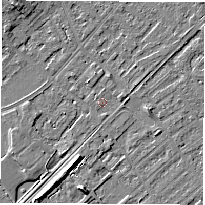 Shaded relief map of the ground around NG91JH, computed from Environment Agency LiDAR. The ground here sits at about 27 m above sea level and falls 10 m across the surrounding 800 m. Surface water reaching this point runs off ground lying to the south-south-west, 8.2 m higher.
