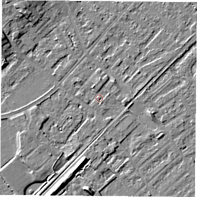 Shaded relief map of the ground around NG91JJ, computed from Environment Agency LiDAR. The ground here sits at about 27 m above sea level and falls 10 m across the surrounding 800 m. Surface water reaching this point runs off ground lying to the north-north-west, 1.8 m higher.
