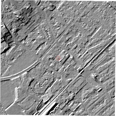 Shaded relief map of the ground around NG91JL, computed from Environment Agency LiDAR. The ground here sits at about 27 m above sea level and falls 9 m across the surrounding 800 m. Surface water reaching this point runs off ground lying to the west-north-west, 6.3 m higher.