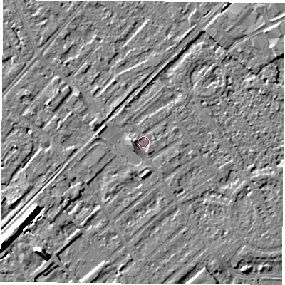 Shaded relief map of the ground around NG91JN, computed from Environment Agency LiDAR. The ground here sits at about 27 m above sea level and falls 10 m across the surrounding 800 m. Surface water reaching this point runs off ground lying to the west, 2.0 m higher.