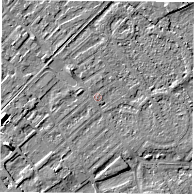 Shaded relief map of the ground around NG91JP, computed from Environment Agency LiDAR. The ground here sits at about 27 m above sea level and falls 10 m across the surrounding 800 m. Surface water reaching this point runs off ground lying to the west-south-west, 9.4 m higher.