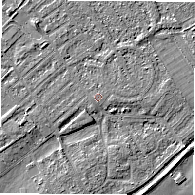 Shaded relief map of the ground around NG91JQ, computed from Environment Agency LiDAR. The ground here sits at about 27 m above sea level and falls 4 m across the surrounding 800 m. The ground contributing surface water to this point lies to the east-south-east.