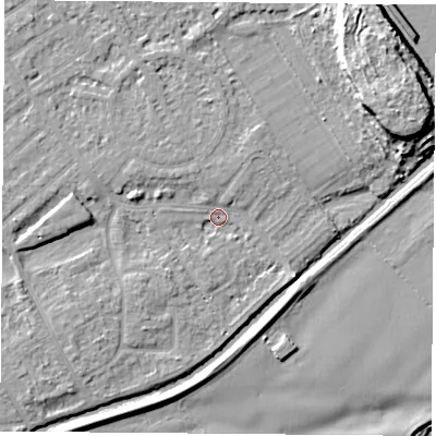 Shaded relief map of the ground around NG91JR, computed from Environment Agency LiDAR. The ground here sits at about 26 m above sea level and falls 13 m across the surrounding 800 m. Surface water reaching this point runs off ground lying to the west, 2.8 m higher.