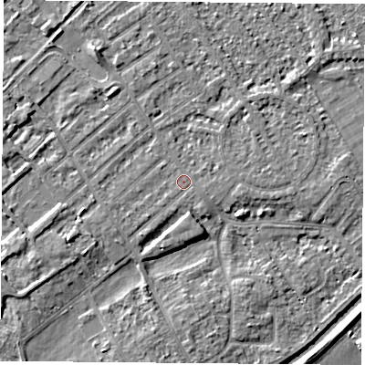 Shaded relief map of the ground around NG91JS, computed from Environment Agency LiDAR. The ground here sits at about 27 m above sea level and falls 4 m across the surrounding 800 m. The ground contributing surface water to this point lies to the south-south-west.