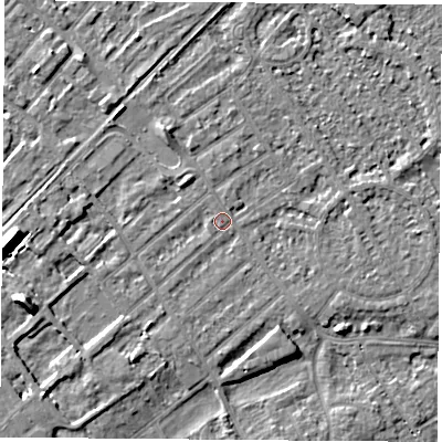 Shaded relief map of the ground around NG91JT, computed from Environment Agency LiDAR. The ground here sits at about 27 m above sea level and falls 10 m across the surrounding 800 m. Surface water reaching this point runs off ground lying to the west, 9.4 m higher.