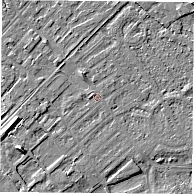 Shaded relief map of the ground around NG91JU, computed from Environment Agency LiDAR. The ground here sits at about 27 m above sea level and falls 10 m across the surrounding 800 m. Surface water reaching this point runs off ground lying to the west-south-west, 9.4 m higher.