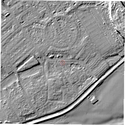 Shaded relief map of the ground around NG91JW, computed from Environment Agency LiDAR. The ground here sits at about 26 m above sea level and falls 11 m across the surrounding 800 m. Surface water reaching this point runs off ground lying to the west, 2.8 m higher.