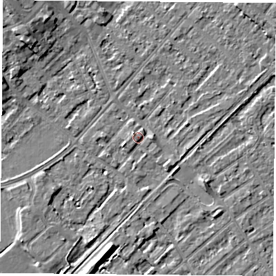 Shaded relief map of the ground around NG91JX, computed from Environment Agency LiDAR. The ground here sits at about 27 m above sea level and falls 9 m across the surrounding 800 m. Surface water reaching this point runs off ground lying to the east, 1.2 m higher.