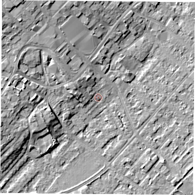 Shaded relief map of the ground around NG91JY, computed from Environment Agency LiDAR. The ground here sits at about 28 m above sea level and falls 11 m across the surrounding 800 m. Surface water reaching this point runs off ground lying to the west, 4.6 m higher.