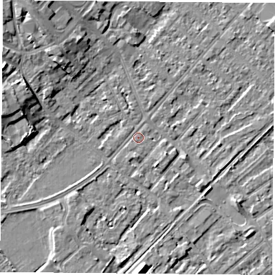 Shaded relief map of the ground around NG91JZ, computed from Environment Agency LiDAR. The ground here sits at about 27 m above sea level and falls 9 m across the surrounding 800 m. Surface water reaching this point runs off ground lying to the north-north-west, 0.8 m higher.