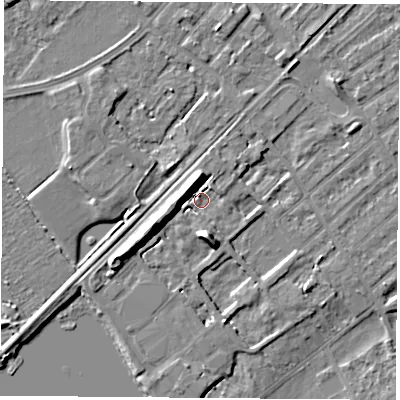 Shaded relief map of the ground around NG91LA, computed from Environment Agency LiDAR. The ground here sits at about 27 m above sea level and falls 10 m across the surrounding 800 m. Surface water reaching this point runs off ground lying to the north-north-west, 9.2 m higher.
