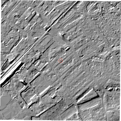 Shaded relief map of the ground around NG91LB, computed from Environment Agency LiDAR. The ground here sits at about 27 m above sea level and falls 10 m across the surrounding 800 m. Surface water reaching this point runs off ground lying to the west, 9.4 m higher.