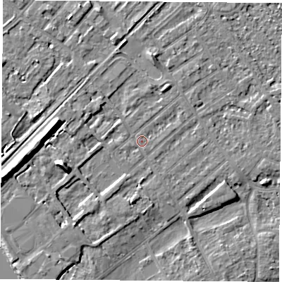 Shaded relief map of the ground around NG91LD, computed from Environment Agency LiDAR. The ground here sits at about 27 m above sea level and falls 10 m across the surrounding 800 m. Surface water reaching this point runs off ground lying to the west-south-west, 9.1 m higher.