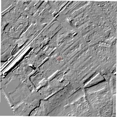 Shaded relief map of the ground around NG91LE, computed from Environment Agency LiDAR. The ground here sits at about 27 m above sea level and falls 10 m across the surrounding 800 m. Surface water reaching this point runs off ground lying to the west-north-west, 9.4 m higher.