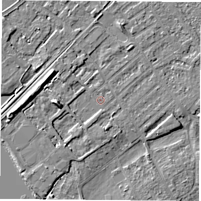 Shaded relief map of the ground around NG91LF, computed from Environment Agency LiDAR. The ground here sits at about 27 m above sea level and falls 10 m across the surrounding 800 m. Surface water reaching this point runs off ground lying to the west, 9.1 m higher.
