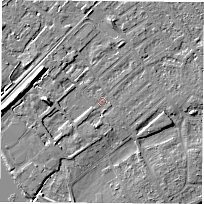 Shaded relief map of the ground around NG91LG, computed from Environment Agency LiDAR. The ground here sits at about 27 m above sea level and falls 11 m across the surrounding 800 m. Surface water reaching this point runs off ground lying to the south-south-west, 2.5 m higher.