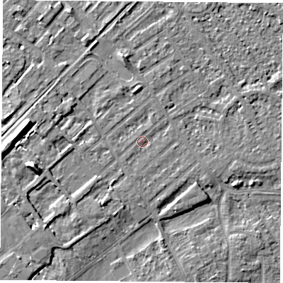 Shaded relief map of the ground around NG91LH, computed from Environment Agency LiDAR. The ground here sits at about 27 m above sea level and falls 10 m across the surrounding 800 m. Surface water reaching this point runs off ground lying to the south-south-east, 1.3 m higher.