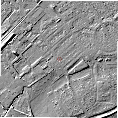 Shaded relief map of the ground around NG91LJ, computed from Environment Agency LiDAR. The ground here sits at about 27 m above sea level and falls 11 m across the surrounding 800 m. Surface water reaching this point runs off ground lying to the west-south-west, 0.6 m higher.