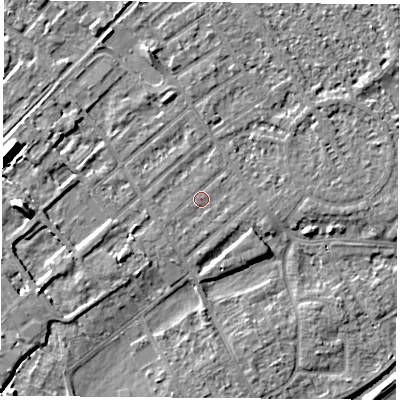 Shaded relief map of the ground around NG91LL, computed from Environment Agency LiDAR. The ground here sits at about 27 m above sea level and falls 11 m across the surrounding 800 m. Surface water reaching this point runs off ground lying to the south, 0.7 m higher.
