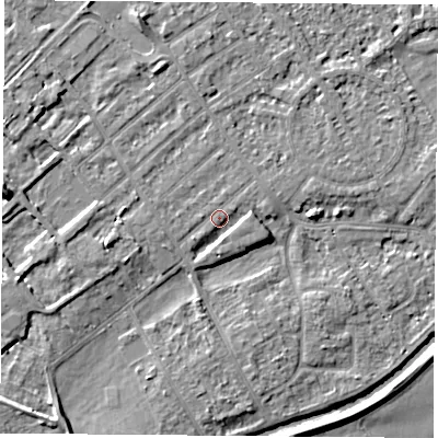 Shaded relief map of the ground around NG91LN, computed from Environment Agency LiDAR. The ground here sits at about 27 m above sea level and falls 7 m across the surrounding 800 m. Surface water reaching this point runs off ground lying to the south-south-east, 2.3 m higher.