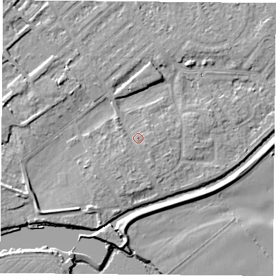 Shaded relief map of the ground around NG91LP, computed from Environment Agency LiDAR. The ground here sits at about 27 m above sea level and falls 7 m across the surrounding 800 m. Surface water reaching this point runs off ground lying to the south-east, 0.9 m higher.