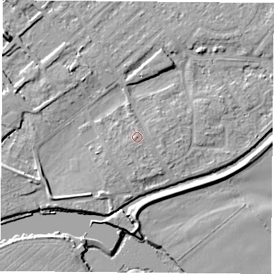 Shaded relief map of the ground around NG91LQ, computed from Environment Agency LiDAR. The ground here sits at about 27 m above sea level and falls 10 m across the surrounding 800 m. Surface water reaching this point runs off ground lying to the west-south-west, 0.8 m higher.