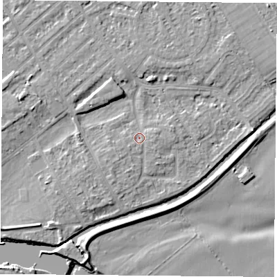 Shaded relief map of the ground around NG91LR, computed from Environment Agency LiDAR. The ground here sits at about 26 m above sea level and falls 6 m across the surrounding 800 m. Surface water reaching this point runs off ground lying to the south-west, 0.7 m higher.