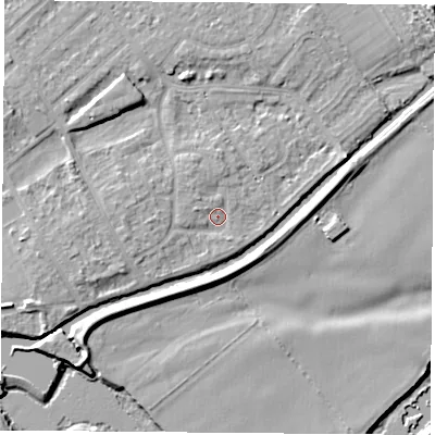 Shaded relief map of the ground around NG91LS, computed from Environment Agency LiDAR. The ground here sits at about 26 m above sea level and falls 12 m across the surrounding 800 m. Surface water reaching this point runs off ground lying to the west, 1.9 m higher.