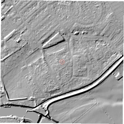 Shaded relief map of the ground around NG91LU, computed from Environment Agency LiDAR. The ground here sits at about 27 m above sea level and falls 6 m across the surrounding 800 m. Surface water reaching this point runs off ground lying to the south-south-west, 0.8 m higher.