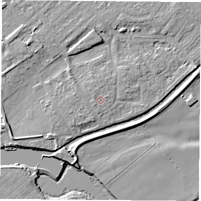 Shaded relief map of the ground around NG91LW, computed from Environment Agency LiDAR. The ground here sits at about 27 m above sea level and falls 6 m across the surrounding 800 m. Surface water reaching this point runs off ground lying to the north-north-west, 0.7 m higher.