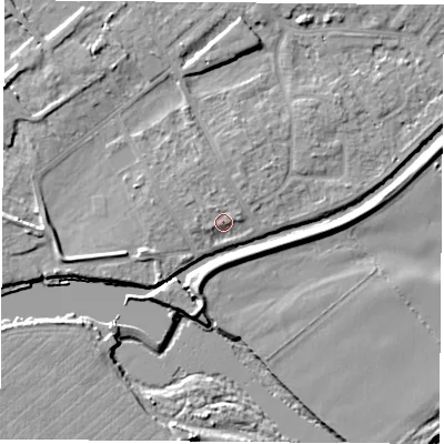 Shaded relief map of the ground around NG91LX, computed from Environment Agency LiDAR. The ground here sits at about 27 m above sea level and falls 7 m across the surrounding 800 m. Surface water reaching this point runs off ground lying to the north-west, 1.2 m higher.
