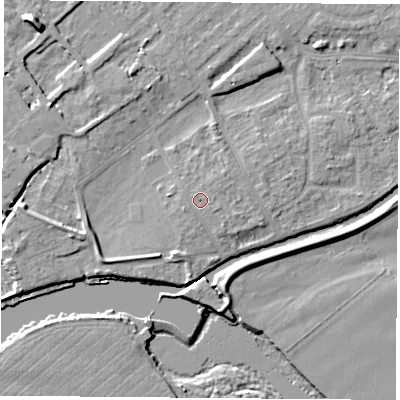 Shaded relief map of the ground around NG91LY, computed from Environment Agency LiDAR. The ground here sits at about 27 m above sea level and falls 10 m across the surrounding 800 m. The ground contributing surface water to this point lies to the north-east.