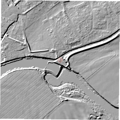 Shaded relief map of the ground around NG91LZ, computed from Environment Agency LiDAR. The ground here sits at about 27 m above sea level and falls 7 m across the surrounding 800 m. Surface water reaching this point runs off ground lying to the east, 3.7 m higher.