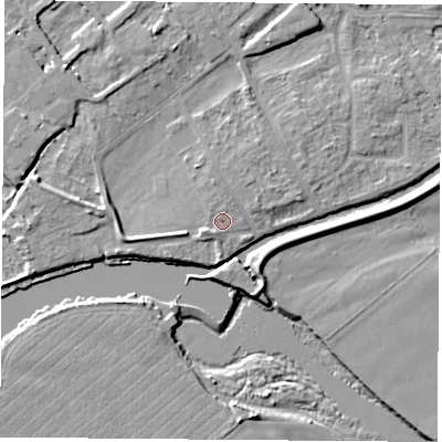 Shaded relief map of the ground around NG91NA, computed from Environment Agency LiDAR. The ground here sits at about 27 m above sea level and falls 7 m across the surrounding 800 m. Surface water reaching this point runs off ground lying to the south-west, 1.6 m higher.