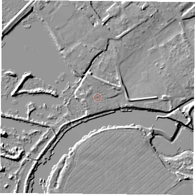 Shaded relief map of the ground around NG91NB, computed from Environment Agency LiDAR. The ground here sits at about 27 m above sea level and falls 8 m across the surrounding 800 m. Surface water reaching this point runs off ground lying to the west-north-west, 1.2 m higher.